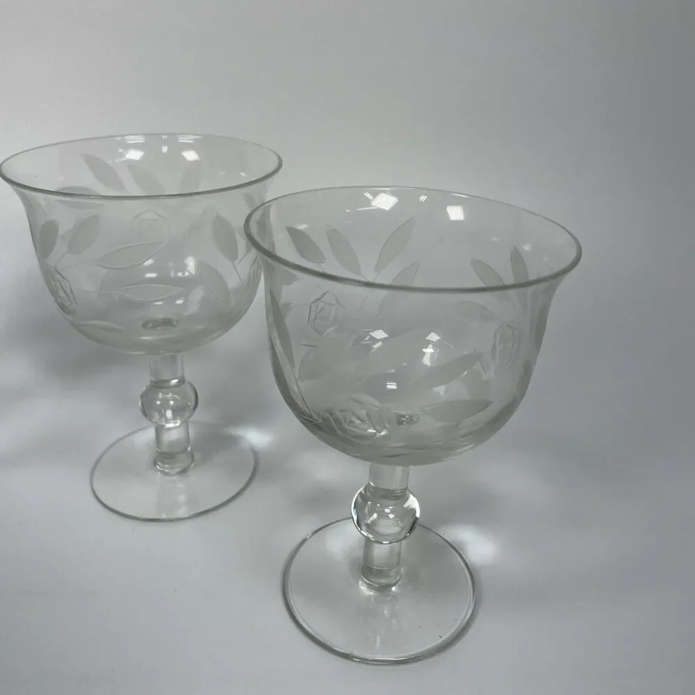 Vintage Crystal Etched Rose Flower Dessert Sherbet Cups Glasses Set of 5 1940’s